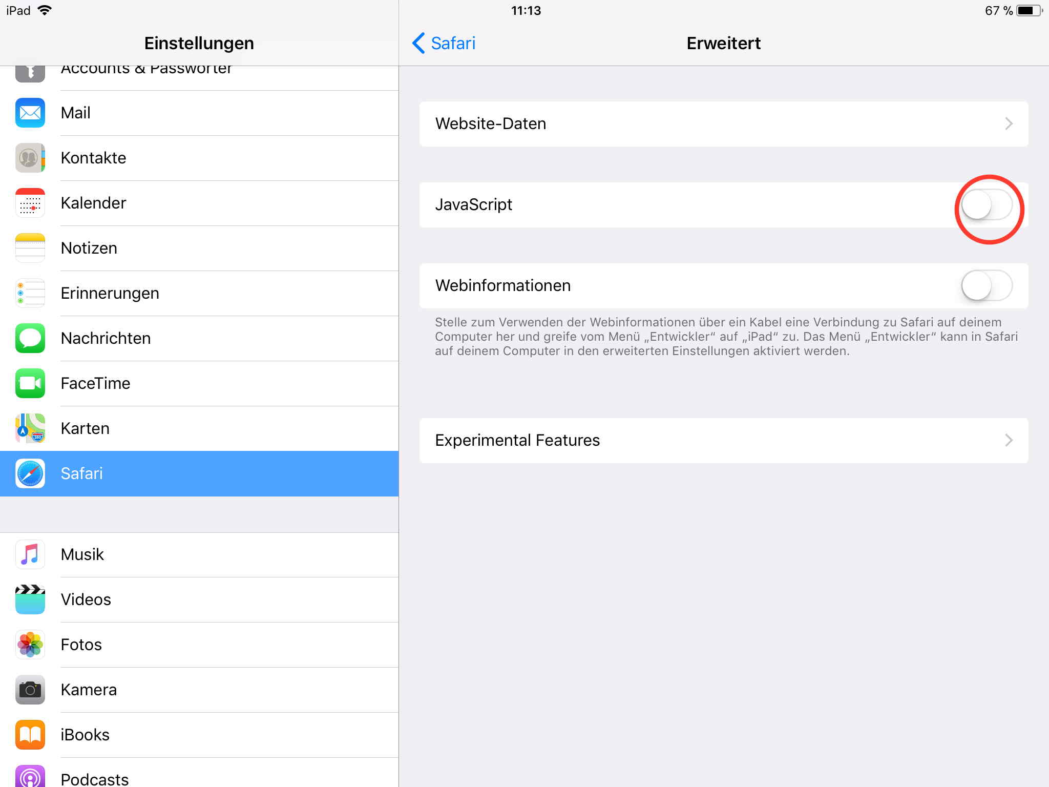 Dieses Bild zeigt den Bildschirm ‚Erweitert‘ in den 'Einstellung' von Safari in iOS 11. 